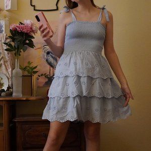 100% Cotton Pastel Blue Bow Tie Strap Smocked Eyelet Dress Soft